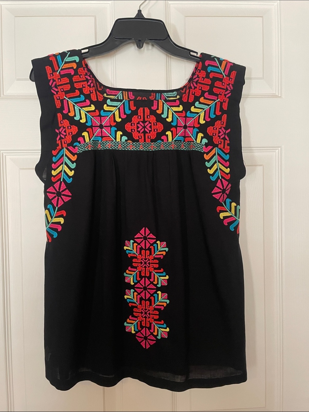 Embroidered Black Sleeveless Top with Multicolor Folk Motif